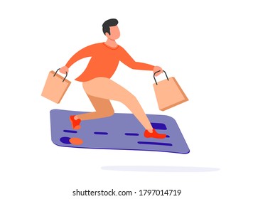 Tiny man flies on a huge bank credit card. Payment by holding a credit card metaphor.  Flat Art Vector Illustration