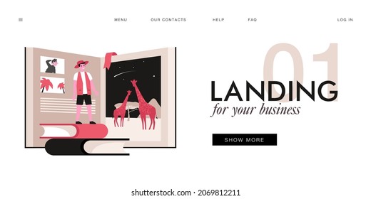 Tiny man in front of book about safari. Cartoon character reading about nature in Africa flat vector illustration. Adventure, tourism, traveling concept for banner, website design or landing web page