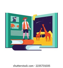 Tiny man in front of book about safari. Cartoon character reading about nature in Africa flat vector illustration. Adventure, tourism, traveling concept for banner, website design