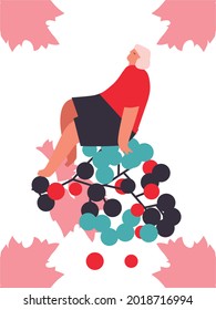Tiny man with fruits, grape. Vector illustration. Funny colored typography poster, advertising, packaging print design, market, farmers market decoration. fruits, berries concept. Isolated