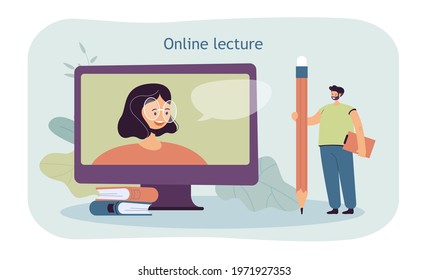 Tiny man with giant pencil watching online lecture. Cartoon character looking at teacher on screen flat vector illustration. Online education concept for banner, website design or landing web page