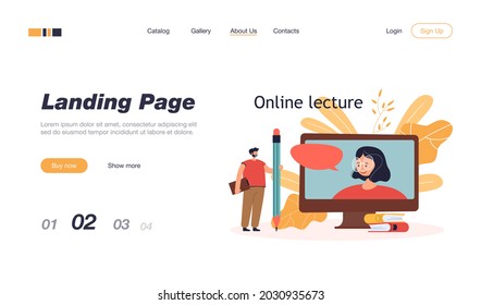 Pequeño hombre con lápiz gigante viendo conferencias en línea. Caricatura que observa al profesor en pantalla ilustración vectorial plana. Concepto de educación en línea para banner, diseño de sitios web o página web de aterrizaje