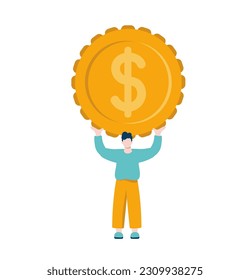 Un hombre pequeño da una moneda con un signo de financiación vectorial en dólares. Ilustración del crecimiento empresarial para el concepto de inversión inteligente. Rendimiento o ingresos de beneficios