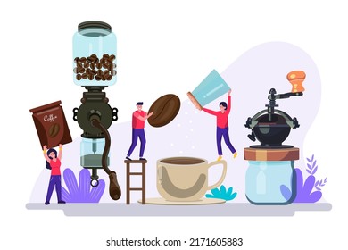The tiny man is grinding coffee beans with a coffee grinder. And brewing coffee with sugar will get coffee, arapika, latte, espresso, cappuccino, which is a popular drink nowadays.