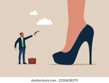 Homem pequeno segurando uma arma rouba uma mulher gigante temerosa. Grande roubo e crime de propriedade. Problemas de dinheiro. Ilustração de vetor plano