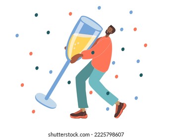 Tiny man holding big champagne glass. Person going to drink alcoholic drink during holiday with confetti. Smiling young man toasting with champagne glass Flat vector illustration For cafe menu, store