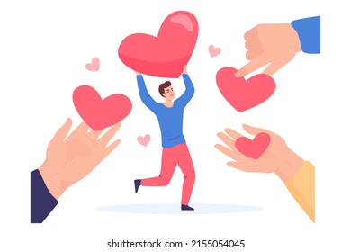 Tiny man holding heart flat vector illustration. Huge hands holding hearts as symbol of charity, sharing love, greeting or solidarity. Assistance, help, support, community concept