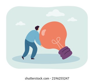 Tiny Man Holding Heavy Light Bulb. Brainstorm Process, Ideas And Solutions Of Thinking Person Flat Vector Illustration. Invention, Innovation Concept For Banner, Website Design Or Landing Web Page