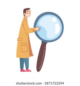 Tiny Man Holding Huge Magnifier, Male Detective Character Cartoon Style Vector Illustration