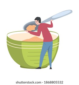 Tiny Man Holding Huge Spoon and Eating Cereal Out of Large Bowl Vector Illustration