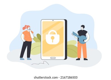 Tiny man holding key to lock on phone screen. Male and female characters using secure access to mobile apps flat vector illustration. Network concept for banner, website design or landing web page