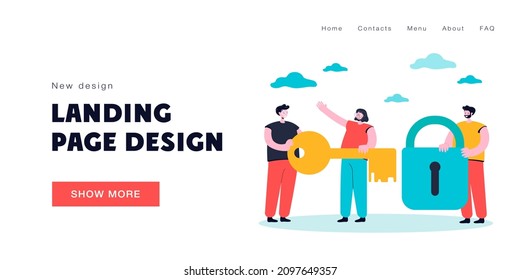 Tiny man holding lock and women with key in hands. People protecting personal data information flat vector illustration. Safety concept for banner, website design or landing web page