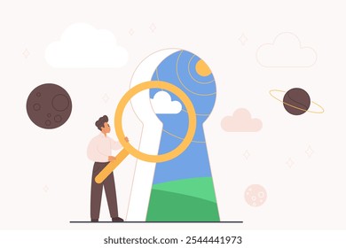 Hombre diminuto que sostiene la lupa al mundo brillante Explore dentro de la cerradura grande de la puerta antes de la Ilustración vectorial de dibujos animados de la aventura. Autodescubrimiento, sueños, viaje a la libertad, pensamientos positivos optimistas