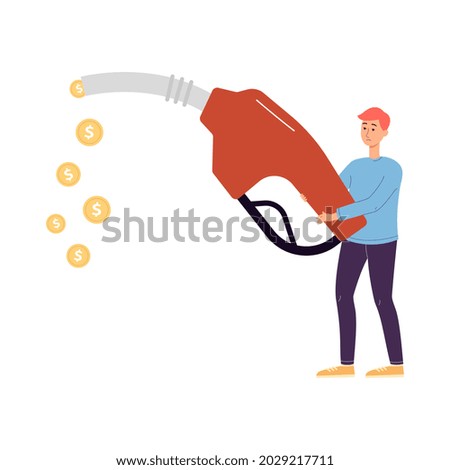 Tiny man holding refueling gun with dropping out golden coins, flat vector illustration isolated on white background. Fuel economy and money saving on car maintenance.
