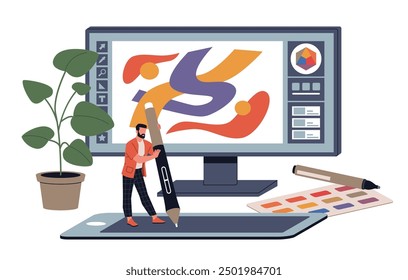 Tiny man holds big pen. Graphic designer draws with stylus on tablet, modern professional painter, digital device, pic creating on computer, cartoon flat isolated nowaday vector concept