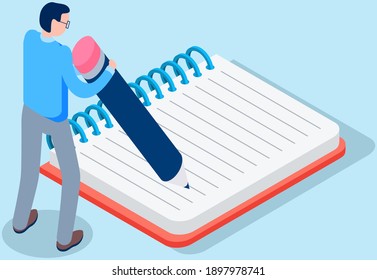Tiny man holds big pencil and writes in empty notebook. Pen in hands. Blank sheet of paper to write. Businessman making notes in notepad. Student writing information in exercise book and studying