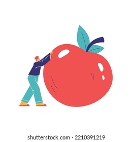 Tiny Man With Huge Apple For Concept Of Between Meals Healthy Snack, Flat Cartoon Vector Illustration Isolated On White Background. Snacks And Light Meal Food For Diet.