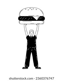 Tiny man with a huge burger. A small man is holding a large cheeseburger. Concept for fast food, delivery, food delivery mobile app, fast food cafe. Vector illustration in doodle style