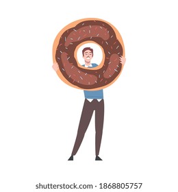 Tiny Man with Huge Chocolate Doughnut Vector Illustration