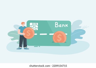 Tiny man with huge credit card flat vector illustration. Male character holding gold coin, replenishing card. Finance, banking, payment concept for banner, website design or landing web page