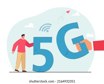 Tiny man and huge hand with 5G symbol. High speed internet connection, wifi signal or service flat vector illustration. Internet, technology concept for banner, website design or landing web page