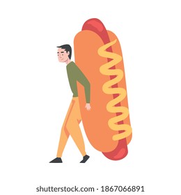 Tiny Man with Huge Hot Dog with Mustard Vector Illustration