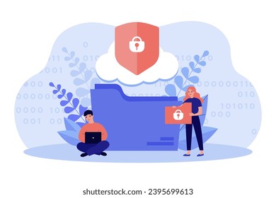 Pequeño hombre con laptop y una enorme carpeta de archivos con mujer con cerradura. Ilustración vectorial plana. Almacenamiento en la nube y protección con bloqueo. Seguridad, normas de privacidad, almacenamiento de información en una nube independiente