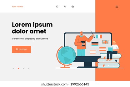 Tiny man learning foreign languages online. Flat vector illustration. Student sitting on giant books with computer, having lesson on Internet. Online education, studying, distance learning concept