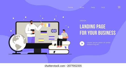 Tiny man learning foreign languages online. Flat vector illustration. Student sitting on giant books with computer, having lesson on Internet. Online education, studying, distance learning concept