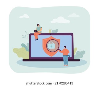 Tiny man looking at shield on laptop screen through magnifier. Personal data protection flat vector illustration. Safety, security concept for banner, website design or landing web page