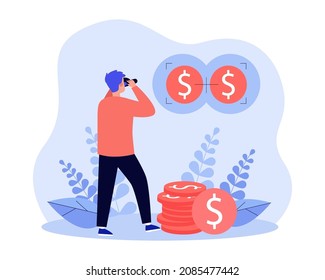 Tiny man looking through binoculars at money in distance. Search for person of success in career, salary flat vector illustration. Investment concept for banner, website design or landing web page