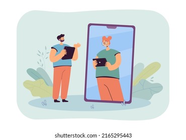 Tiny man looking at woman speaking from mobile phone screen. Online communication between two people flat vector illustration. Chat conversation concept for banner, website design or landing web page