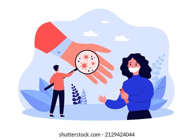 Tiny man with magnifier examining germs on giant hand. Woman in mask using hand sanitizer flat vector illustration. Coronavirus, health, medicine concept for banner, website design or landing web page