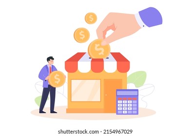 Tiny man near his shop with gold coin flat vector illustration. Businessman receiving government subsidy, grant, money, help in crisis. Assistance, support, finance concept