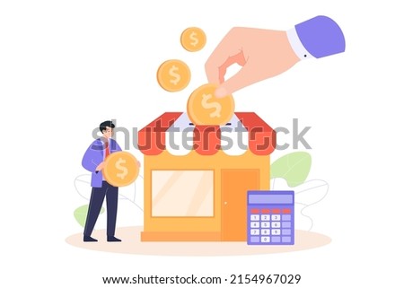Tiny man near his shop with gold coin flat vector illustration. Businessman receiving government subsidy, grant, money, help in crisis. Assistance, support, finance concept