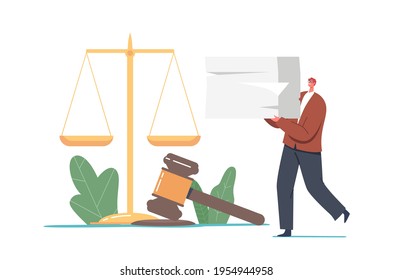 Tiny Man Notary or Lawyer Character Carry Huge Pile with Legal Documents near Gavel and Scales. Attorney Service, Notarized Documentation Certification, Public Office. Cartoon Vector Illustration