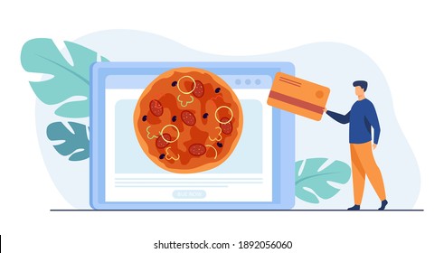 Tiny man ordering pizza online and paying with card. Tablet, meal, Italia flat illustration. Food delivery and payment concept for banner, website design or landing web page