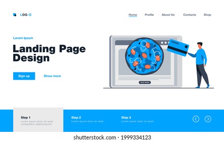 Tiny man ordering pizza online and paying with card. Tablet, meal, Italia flat illustration. Food delivery and payment concept for banner, website design or landing web page