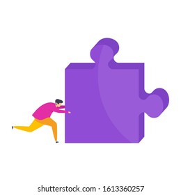 Tiny man pushes a huge piece of the puzzle. The desire to overcome contradictions, disagreements and difficulties. Team building. Business and psycholonic metaphor. Flat vector character.