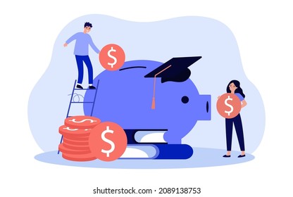 Tiny man putting coin in piggy bank, saving money for education. People planning budget flat vector illustration. School fund, investment concept for banner, website design or landing web page