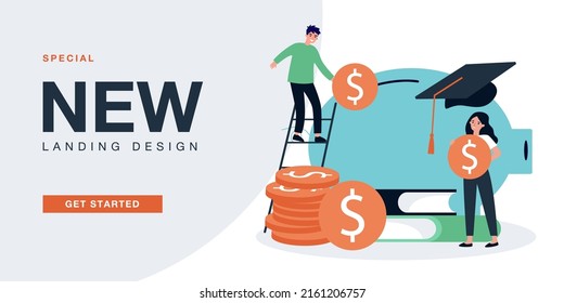 Tiny man putting coin in piggy bank, saving money for education. People planning budget flat vector illustration. School fund, investment concept for banner, website design or landing web page