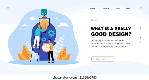 Tiny man putting lightbulb into big human head. Male character holding clock flat vector illustration. Deadline, brainstorming, startup concept for banner, website design or landing web page