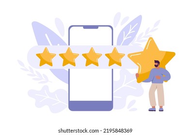 Tiny man satisfied customer give rating 5 stars on smartphone. People feedback vector illustration by giving star rating. Flat boy online shopping with give five rating and review.