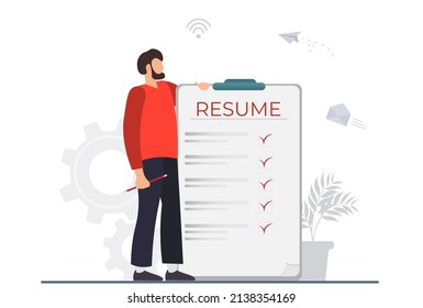 Tiny man searching for work, hr agency, team building, human resources management, personnel hiring, employment contract, job offer, flat vector illustration