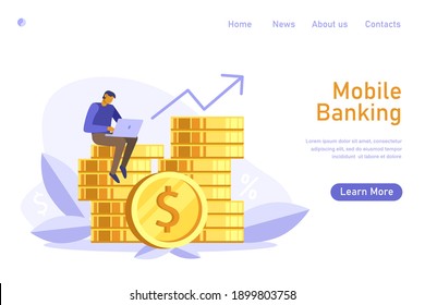 Tiny man seatting on golden coins stack with coin in front and using laptop for online banking and accounting, currency exchange, deposit on bank. Online banking concept. Vector flat illustration.