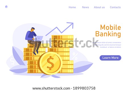 Tiny man seatting on golden coins stack with coin in front and using laptop for online banking and accounting, currency exchange, deposit on bank. Online banking concept. Vector flat illustration.