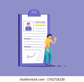 Tiny man select a resume for a job. Big application form for employment. Work hiring concept for recruitment agency. Isolated on purple. Flat Art Vector Illustration