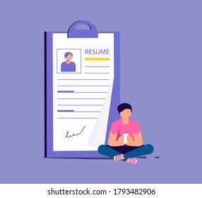 Tiny man select a resume for a job. Big application form for employment. Work hiring concept for recruitment agency. Isolated on purple. Flat Art Vector Illustration