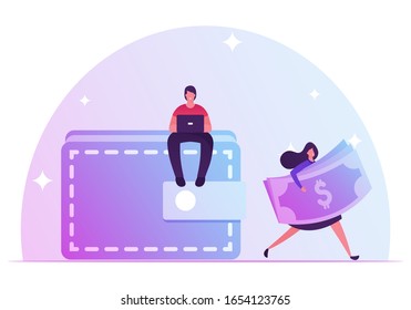 Tiny Man Sit on Huge Purse Working on Laptop. Woman Carry Dollar Bills. People and Money Concept. Characters Exchange Currency, Enjoy Finance Success, Global Trading. Cartoon Flat Vector Illustration