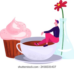 Tiny man sitting in a giant coffee cup beside a large cupcake and flower in a bottle. Relaxation, whimsy, and coffee break concept vector illustration.